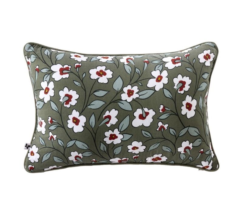Coussin Déhoussable Réversible "anna / Flora" Gaze De Coton Imprimée - Vert - 40x60 Cm