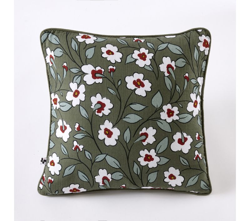 Coussin Déhoussable Réversible "anna / Flora" Gaze De Coton Imprimée - Vert - 45x45 Cm