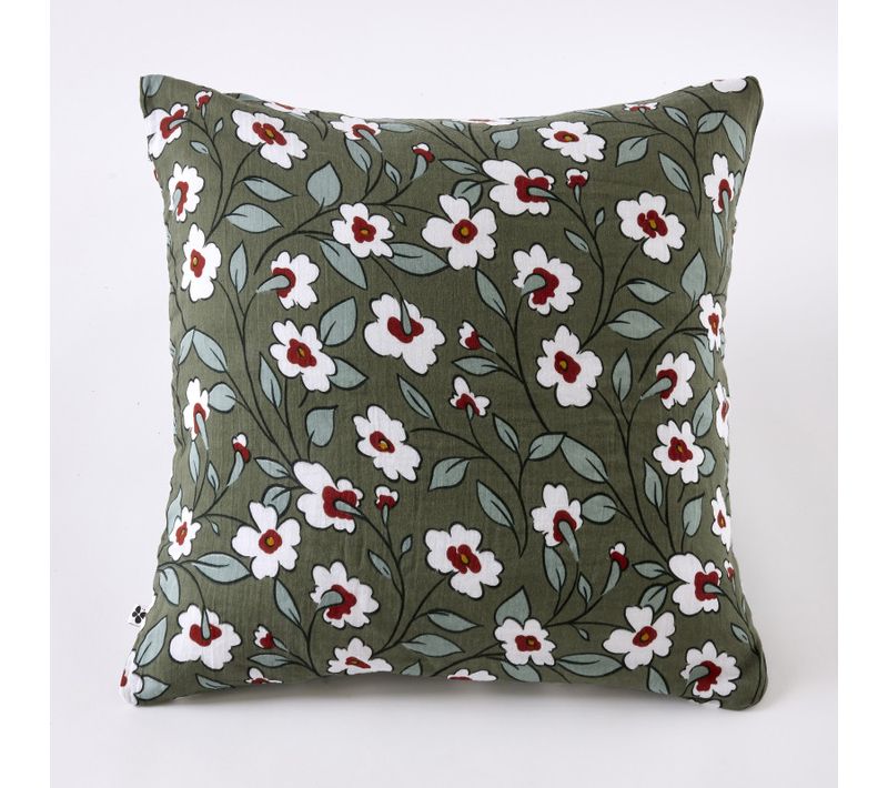 Taie D'oreiller Réversible "anna / Flora" Gaze De Coton Imprimée - Vert - 60x60 Cm