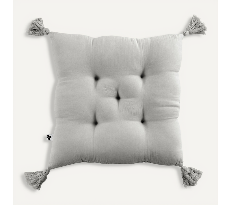 Assise Matelassée 5 Points Avec Pompons Gaze De Coton 40 X 40 Cm Nuage Gris
