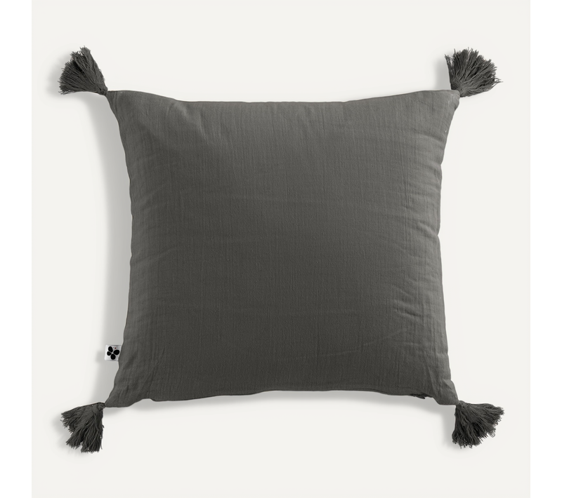 Coussin Déhoussable Avec Pompons Gaze De Coton 40 X 40 Cm Granit Anthracite