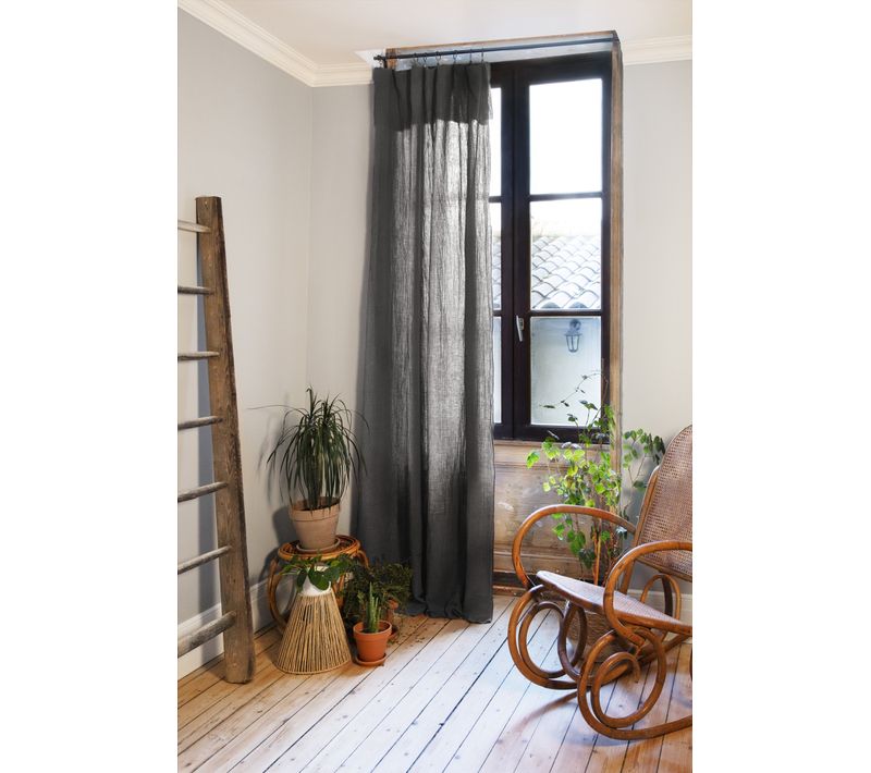Rideau Ajustable + 8 Anneaux Pince Gaze De Coton 140 X 300 Cm Granit Anthracite