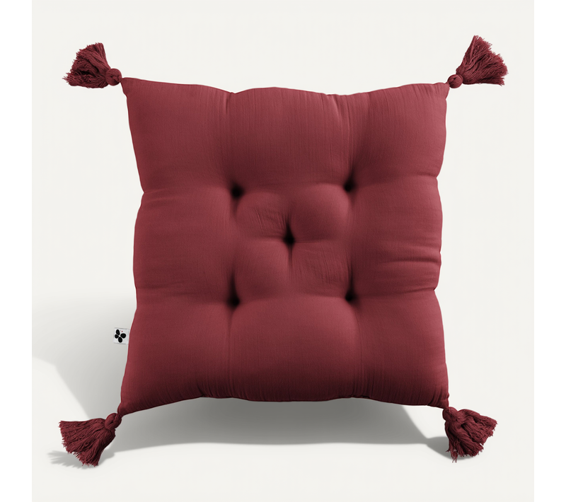 Coussin Capitonné 5 Points Avec Pompons Gaze De Coton 40 X 40 Cm Gaia Lie De Vin Bordeaux