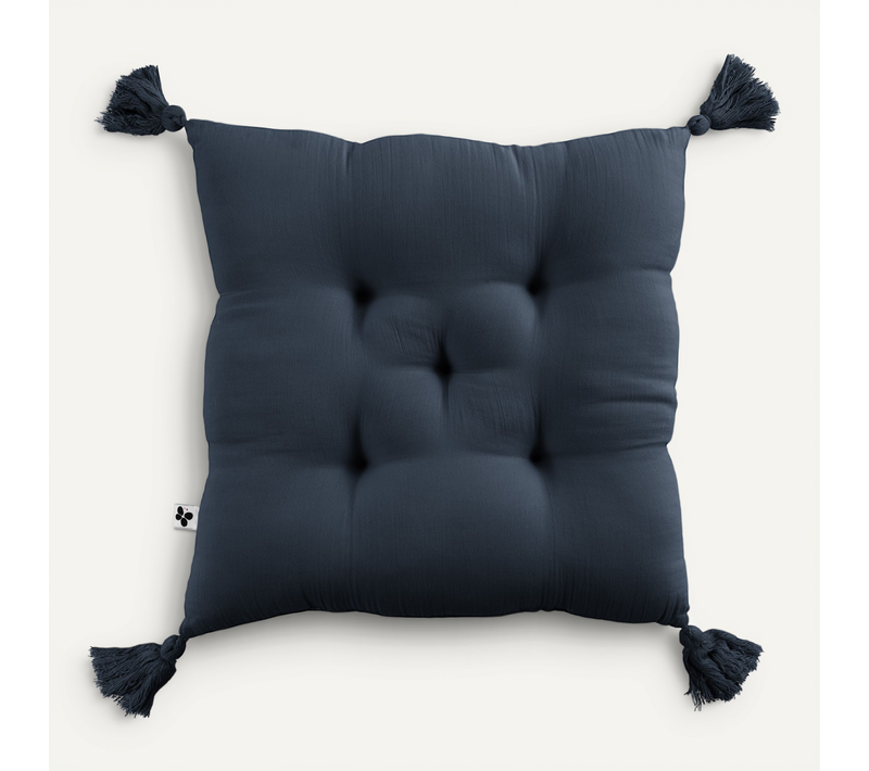 Coussin Capitonné 5 Points Avec Pompons Gaze De Coton 40 X 40 Cm Gaia Minuit Bleu Foncé