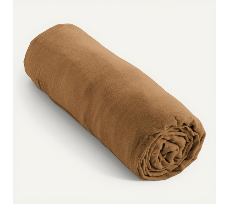 Drap Housse Double Gaze De Coton – Gaïa Camel – 180 X 200 Cm – Bonnet 30 Cm