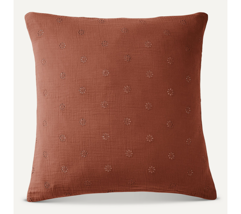 Taie D’oreiller Brodée 60 X 60 Cm – Gaze De Coton – Gaïa Boho Terracotta