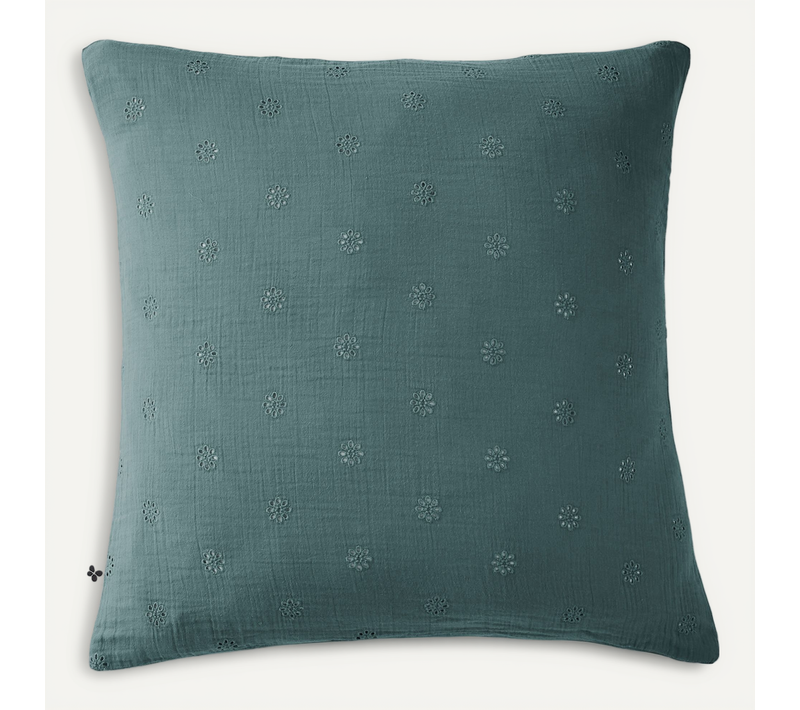 Taie D’oreiller Brodée 60 X 60 Cm – Gaze De Coton – Gaïa Boho Bleu Canard