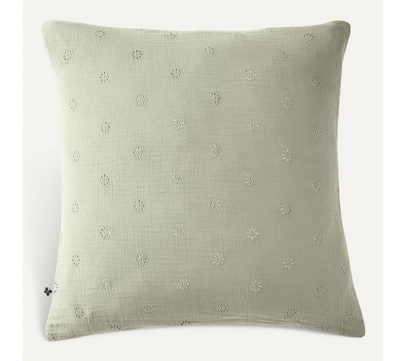 Taie D’oreiller Brodée 60 X 60 Cm – Gaze De Coton – Gaïa Boho Vert D'eau