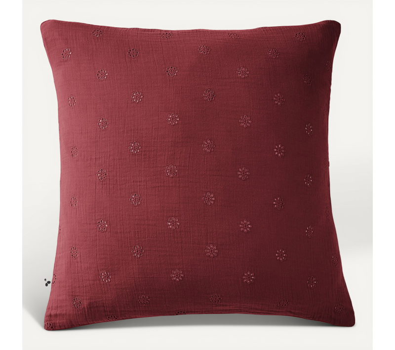 Taie D’oreiller Brodée 60 X 60 Cm – Gaze De Coton – Gaïa Boho Bordeaux