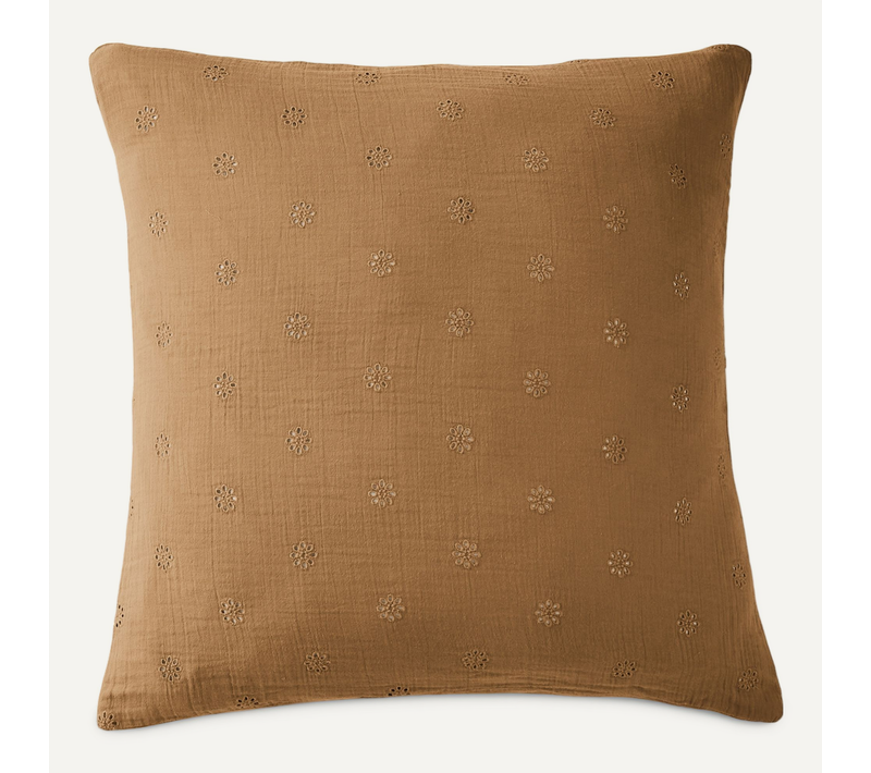 Taie D’oreiller Brodée 60 X 60 Cm – Gaze De Coton – Gaïa Boho Camel