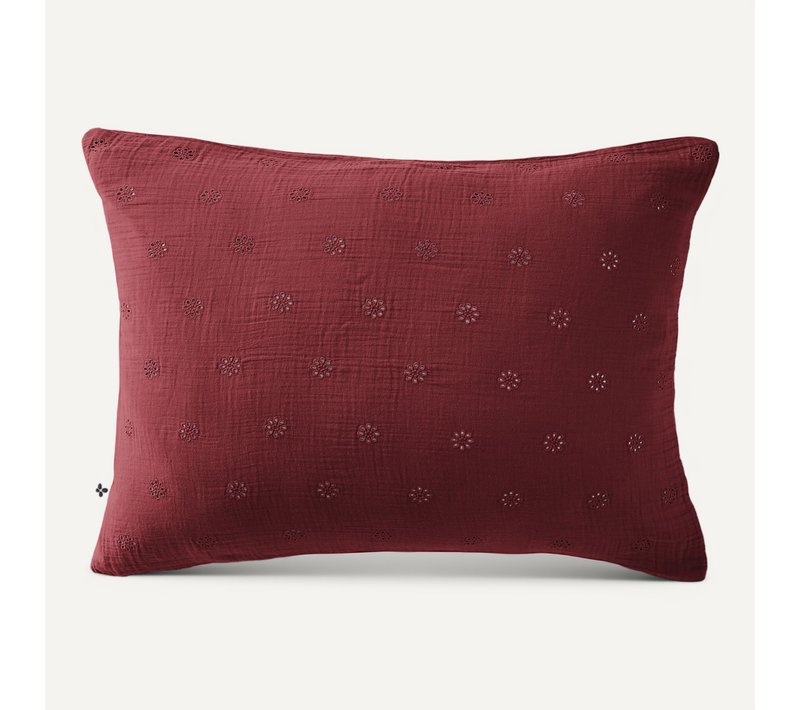 Taie D’oreiller Brodée 50 X 70 Cm – Gaze De Coton – Gaïa Boho Bordeaux
