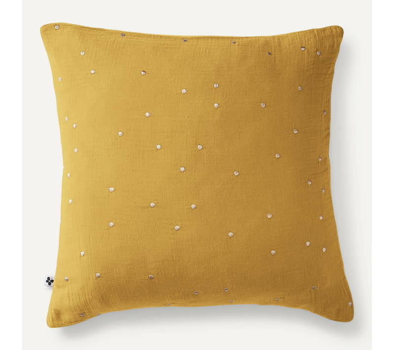 Taie D’oreiller 60 X 60 Cm – Gaze De Coton Brodée Fil Or – Gaïa Chic Safran