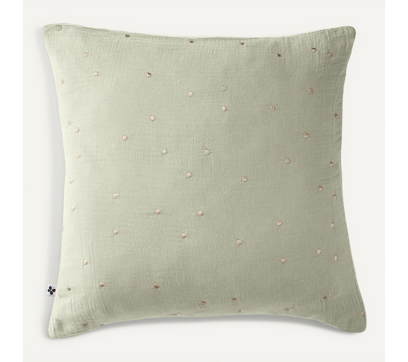 Taie D’oreiller 60 X 60 Cm – Gaze De Coton Brodée Fil Or – Gaïa Chic Vert D'eau