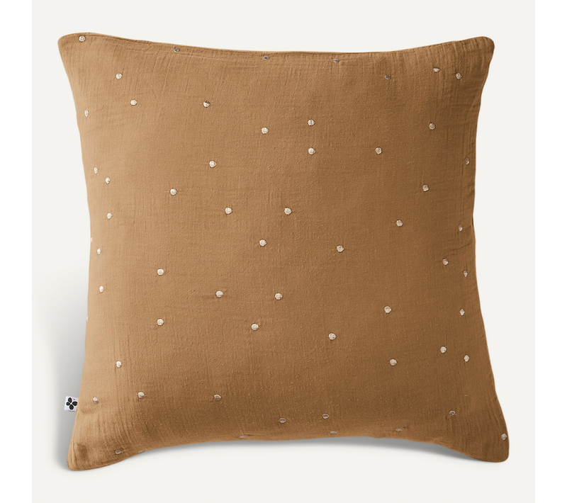 Taie D’oreiller 60 X 60 Cm – Gaze De Coton Brodée Fil Or – Gaïa Chic Camel