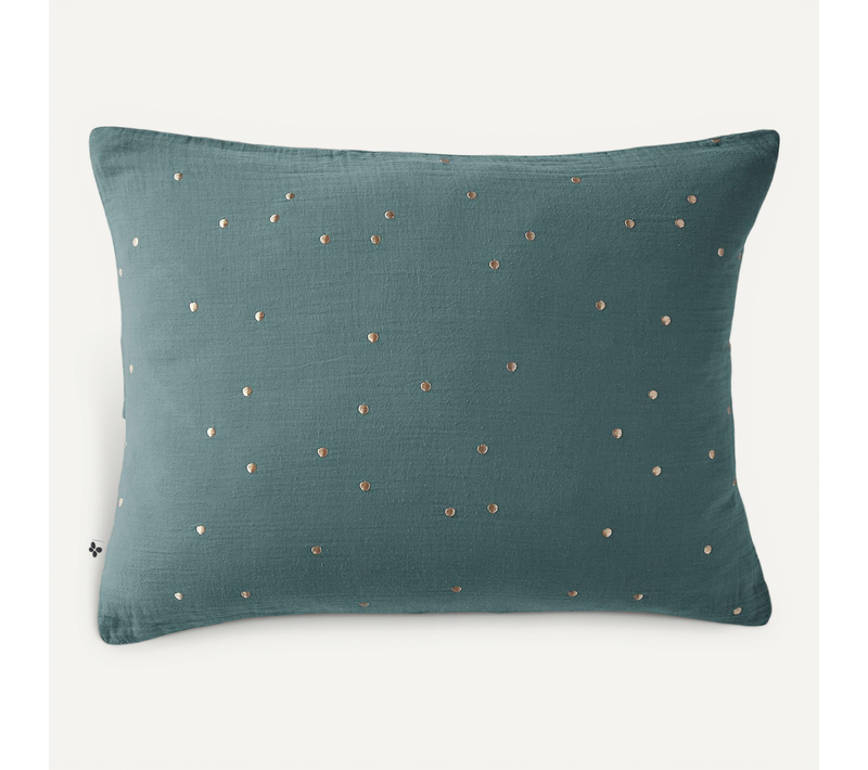 Taie D’oreiller 50 X 70 Cm – Gaze De Coton Brodée Fil Or – Gaïa Chic Bleu Canard