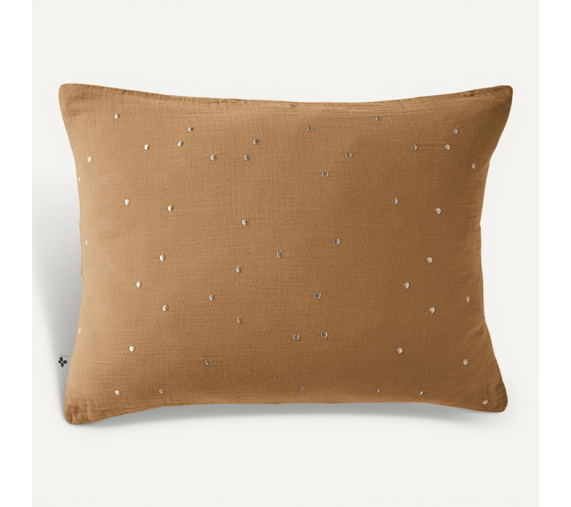 Taie D’oreiller 50 X 70 Cm – Gaze De Coton Brodée Fil Or – Gaïa Chic Camel