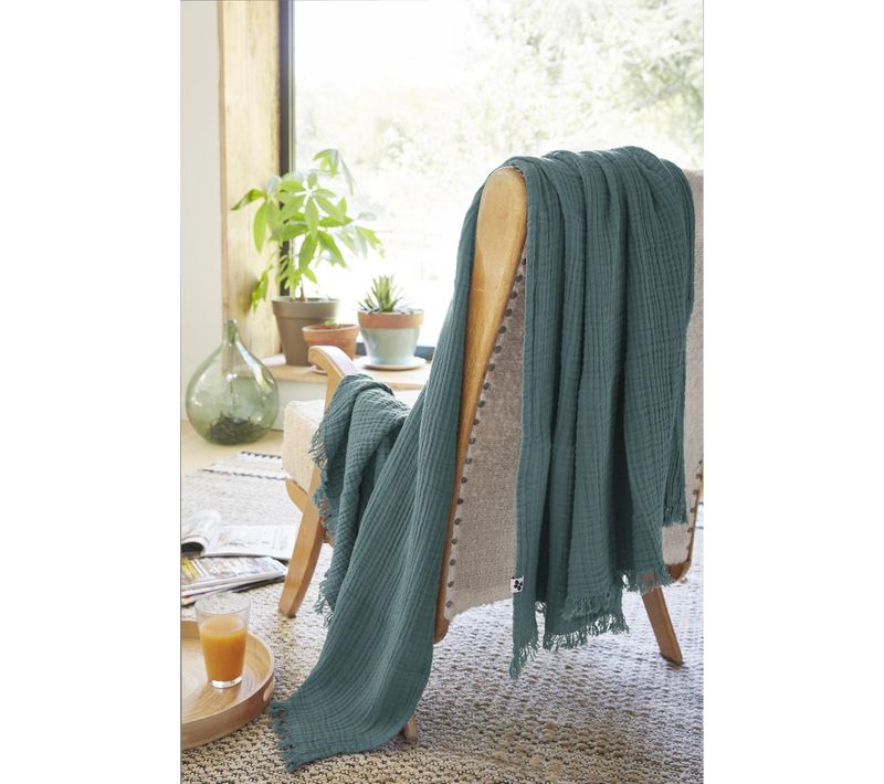 Plaid à Franges 130 X 160 Cm – Double Gaze De Coton – Gaïa Bleu Canard