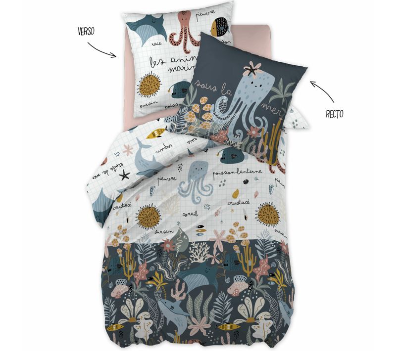 Housse De Couette Réversible 200 X 200 Cm + 2 Taies D’oreiller 60 X 60 Cm – Coton 57 Fils – Octopia