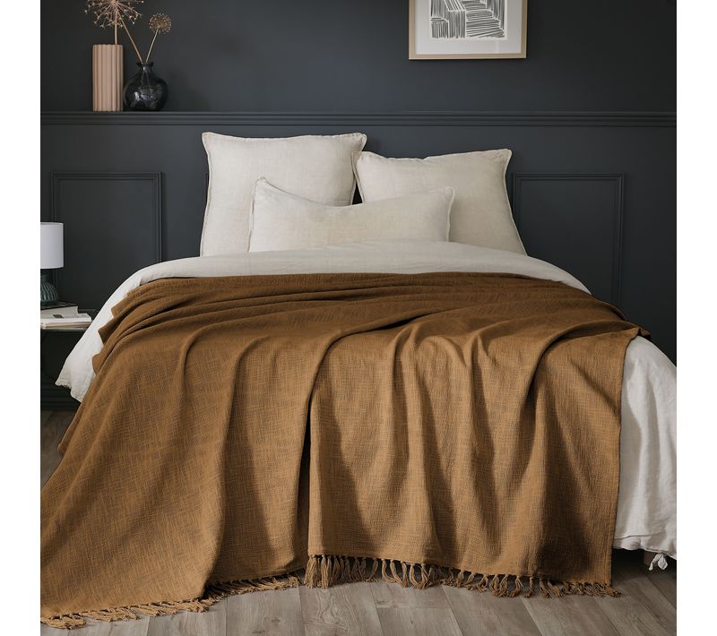 Plaid 180 X 220 Cm – Coton Texturé Sixtine – Coloris Camel – 210 G/m²