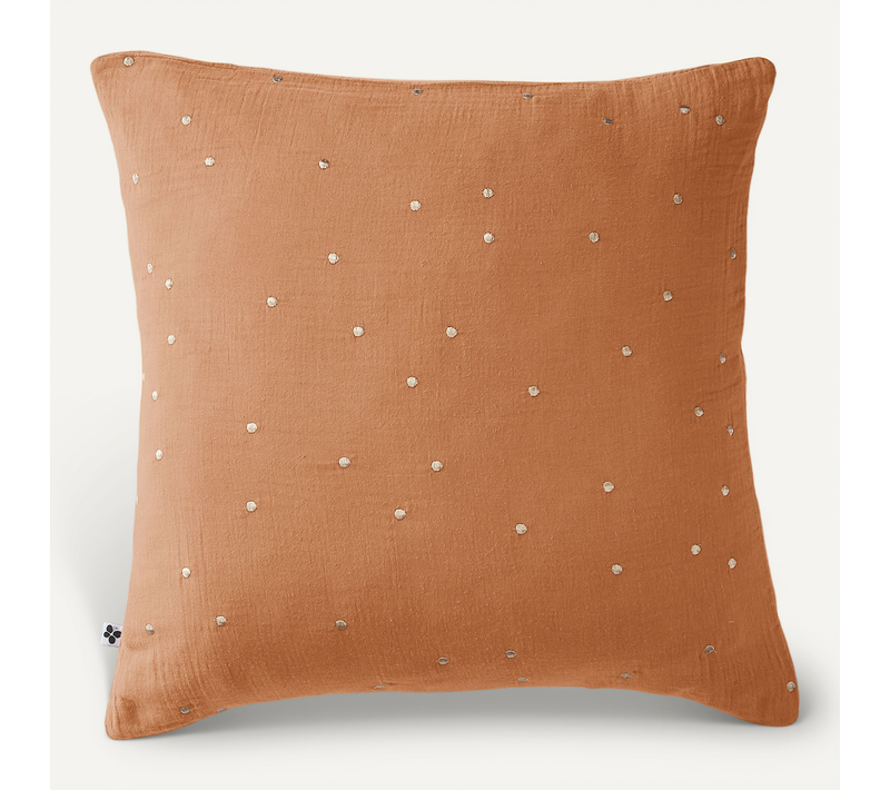 Taie D’oreiller 60 X 60 Cm – Gaze De Coton Brodée Fil Or – Gaïa Chic Abricot