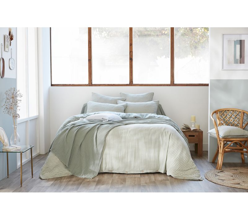 Housse De Couette Réversible 260 X 240 Cm – Gaze De Coton Tissée Teintée – Vickie Eucalyptus