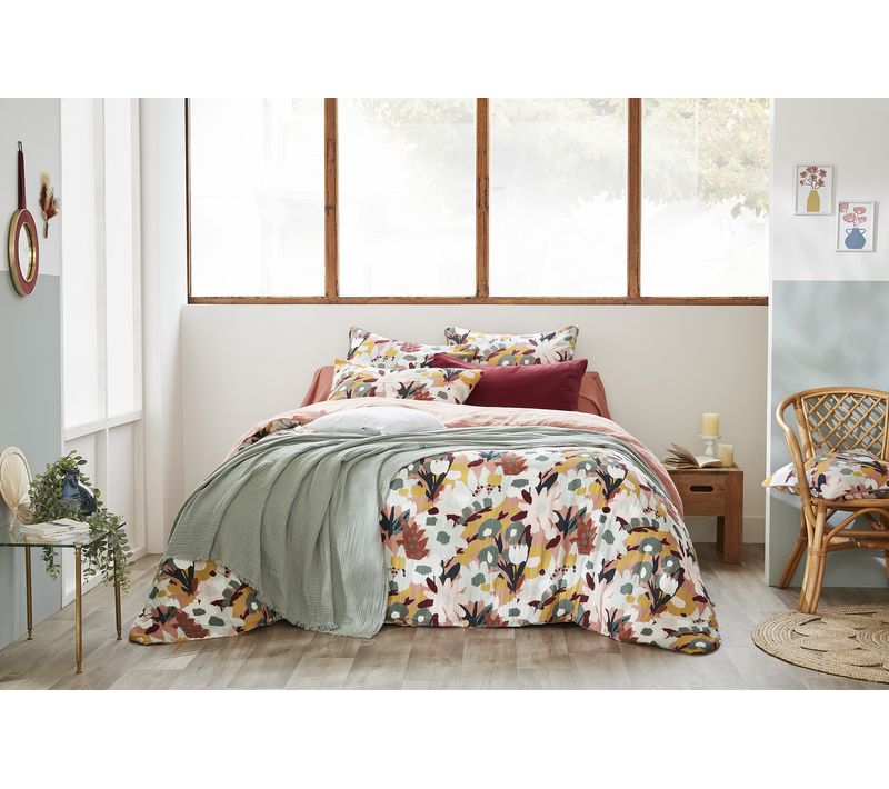 Housse De Couette Réversible 260 X 240 Cm – Double Gaze De Coton Imprimée Léane – Rose Pêche