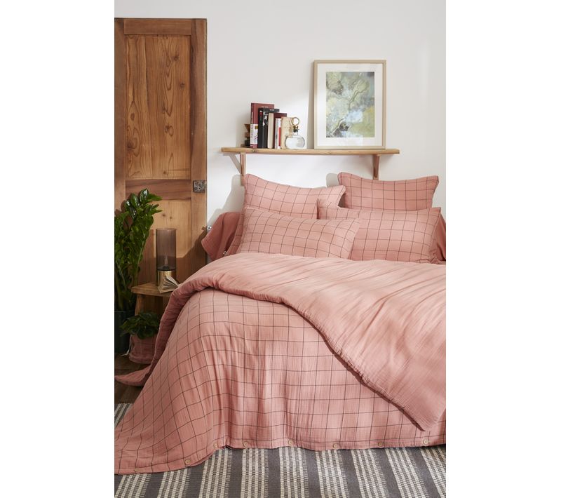 Housse De Couette Réversible 200 X 200 Cm – Gaze De Coton Tissée-teinte Gaïa Match – Rose Pêche