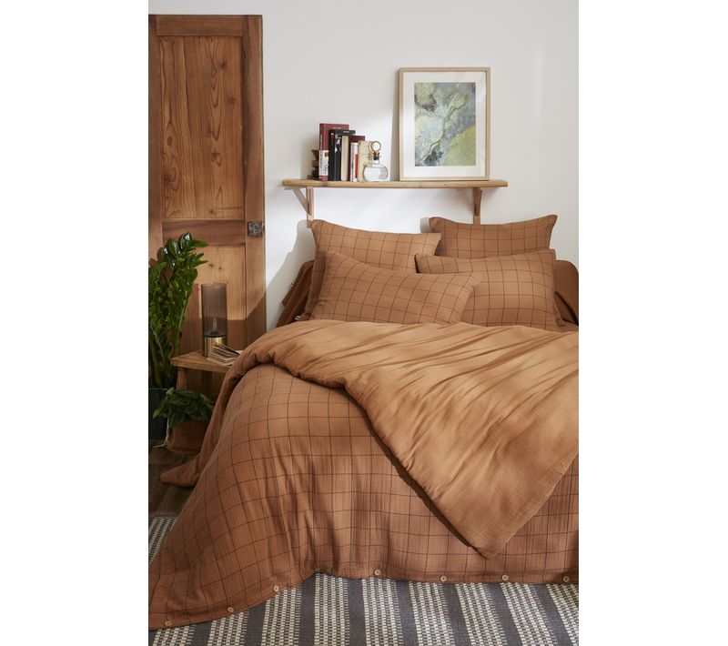 Housse De Couette Réversible 240 X 220 Cm – Gaze De Coton Tissée-teinte Gaïa Match – Camel