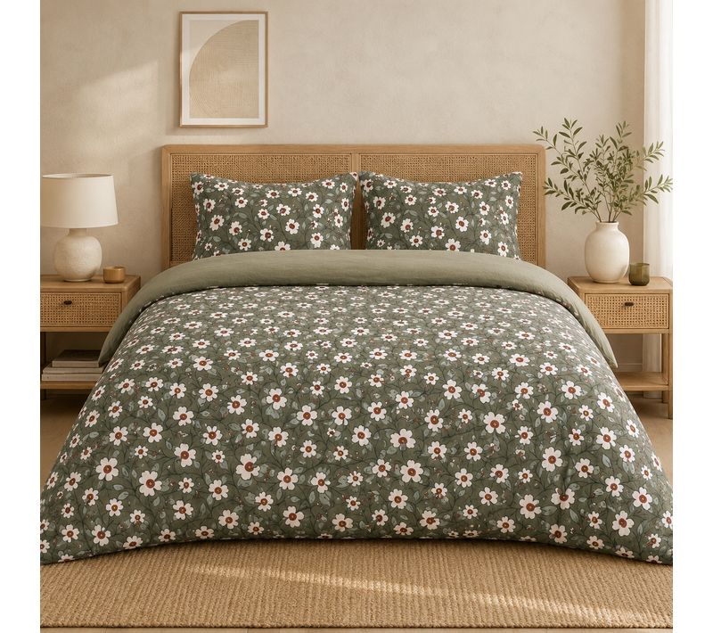 Housse De Couette Réversible 240 X 220 Cm Gaze De Coton Flora Romarin