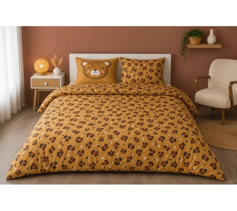 Parure De Lit 240 X 220 Cm Coton Imprimé Tigre – Housse De Couette + 2 Taies D’oreiller