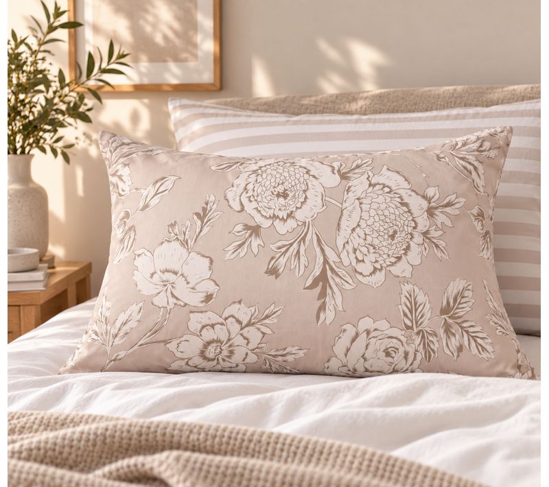 Taie D’oreiller 50 X 70 Cm - 100 % Coton 57 Fils - Imprimé Floral Réversible Nora