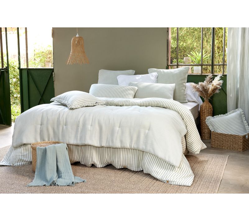 Dessus de lit Réversible 90 X 200 Cm Gaze De Coton Tissée Teinte Livia Eucalyptus
