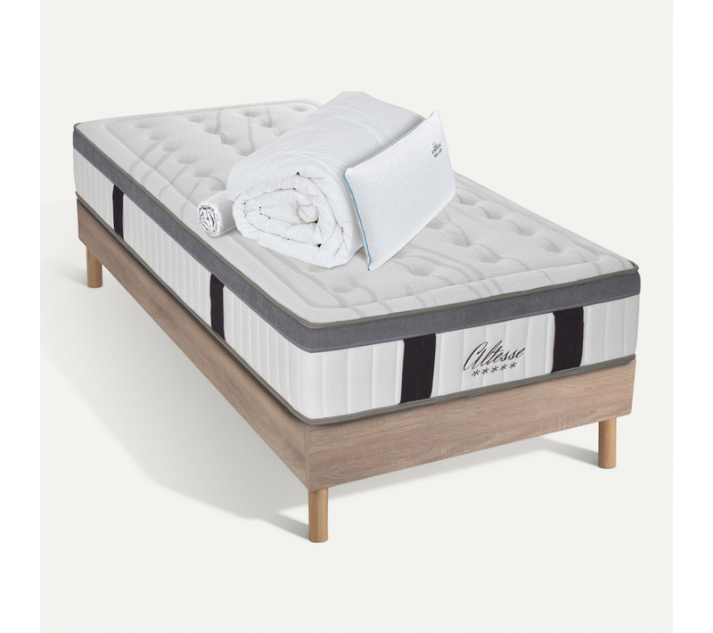 Ensemble Altesse 90x200 Cm + Sommier Bois + Accessoires - Mousse HD Mémoire - ép. 26 Cm