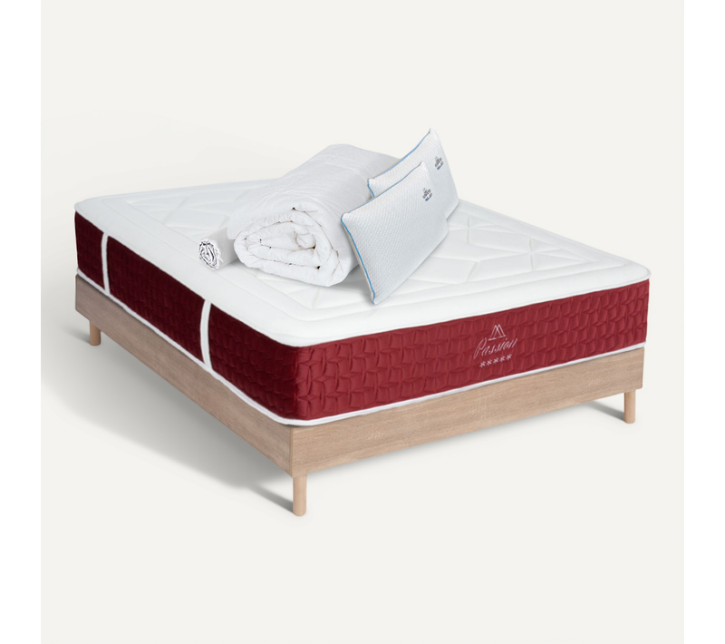 Ensemble Passion 140x190 Cm + Sommier Bois + Accessoires - Ressorts + Mémoire - ép. 32 Cm
