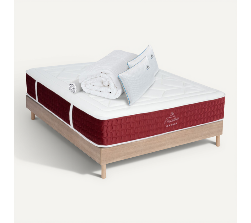 Ensemble Passion 180x200 Cm + Sommier Bois + Accessoires - Ressorts + Mémoire - ép. 32 Cm