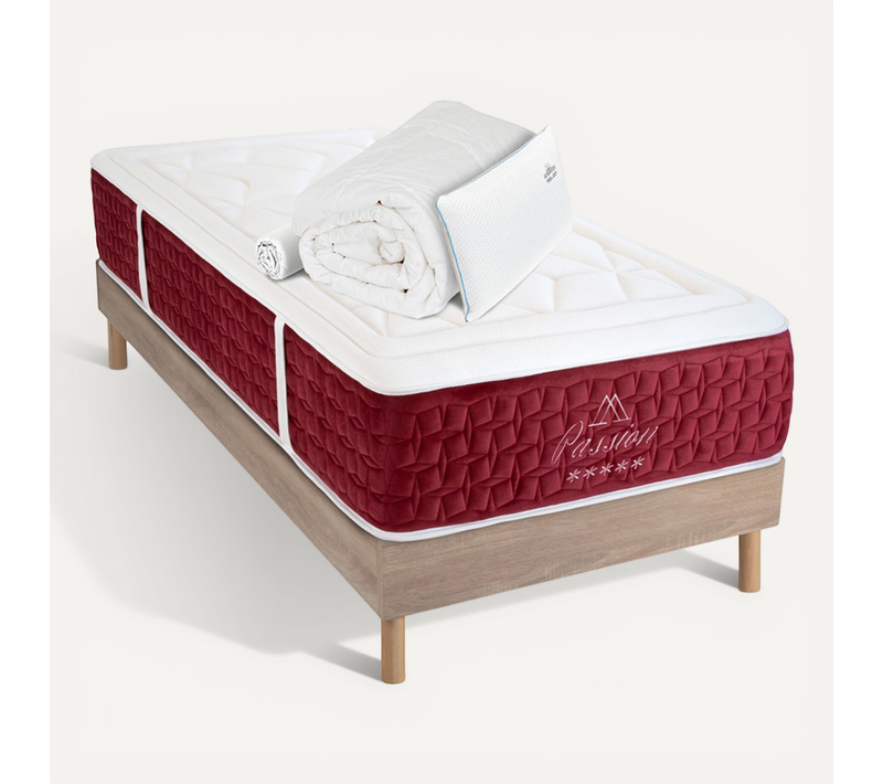 Ensemble Passion 90x200 Cm + Sommier Bois + Accessoires - Ressorts + Mémoire - ép. 32 Cm