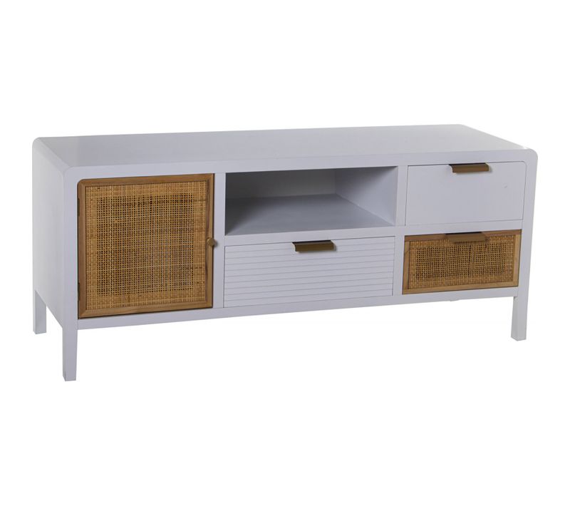 Meuble TV Blanc élégant Tiroirs Rotin Pour Salon Chic