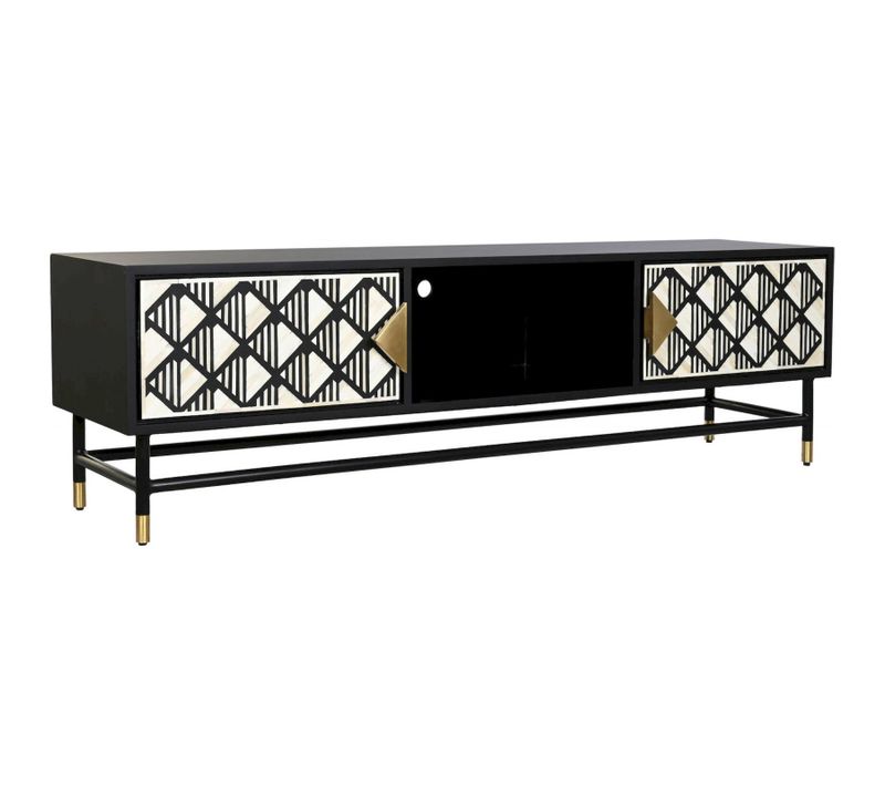 Meuble TV Élégant Résine Noire Motifs Géométriques