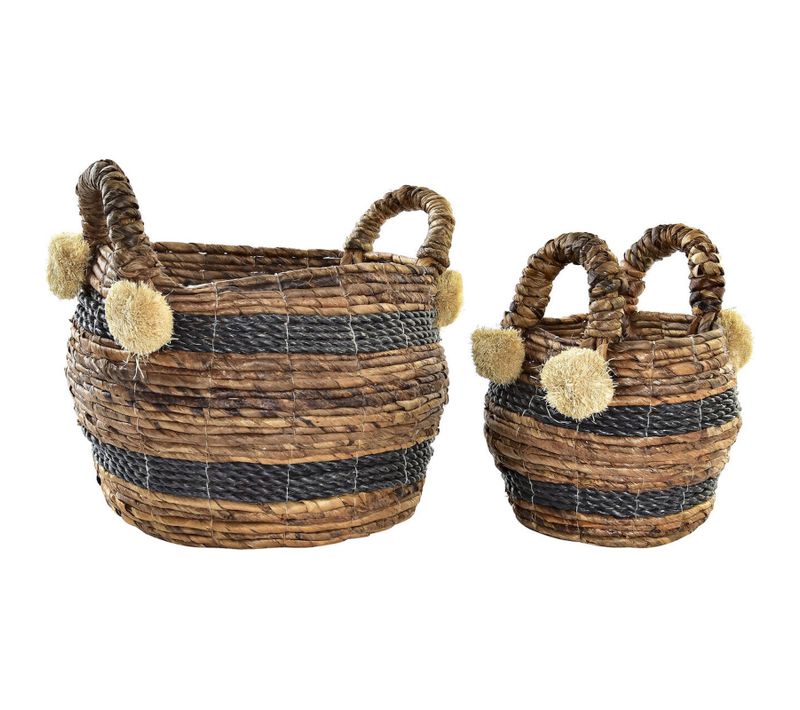 Panier Déco Fibre Marron Et Noir Avec Poignées Et Pompons