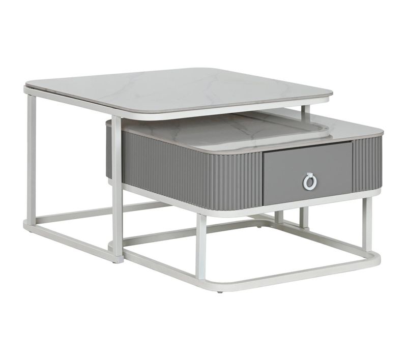 Table Basse élégante En Métal Blanc Et Pierre Sinterisée