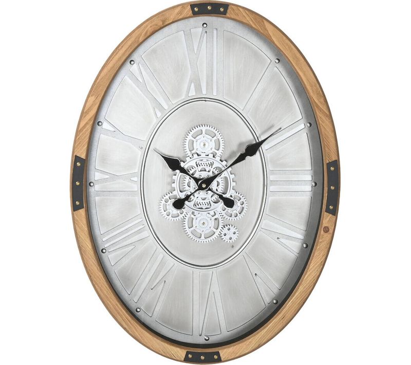Horloge Murale Métal Effet Bois Design Loft Argent Naturel