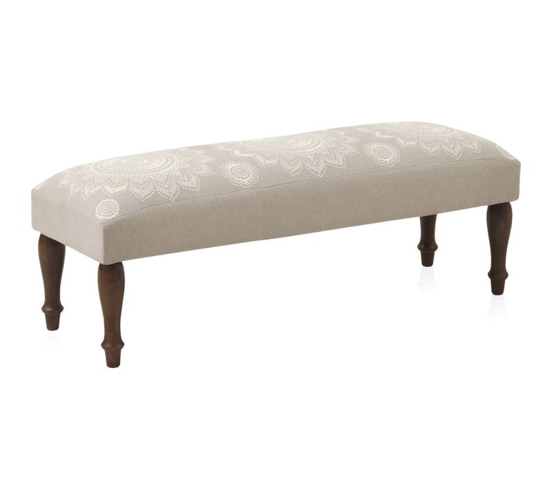 Bout De Lit En Tissu Polyester Brodé Avec Pieds Bois - Beige