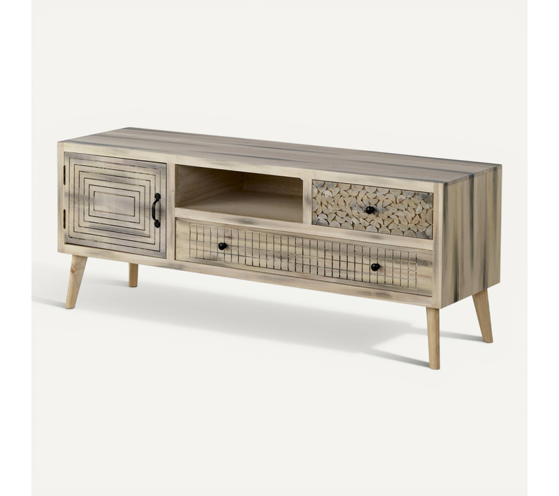 Buffet Bois Naturel Design Avec Façades Sculptées Et Pieds Pino