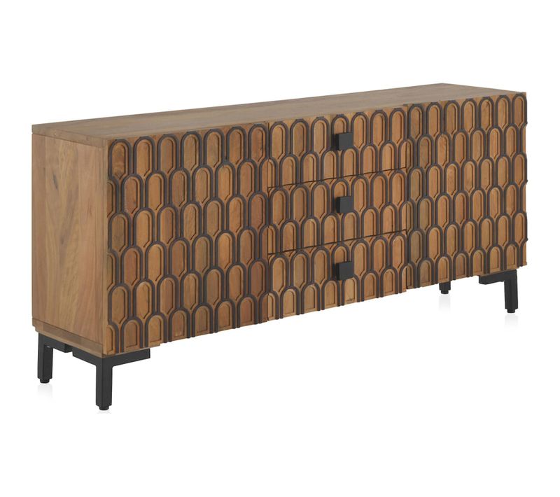Buffet En Bois Massif Naturel Portes Sculptées Et Pieds Métal