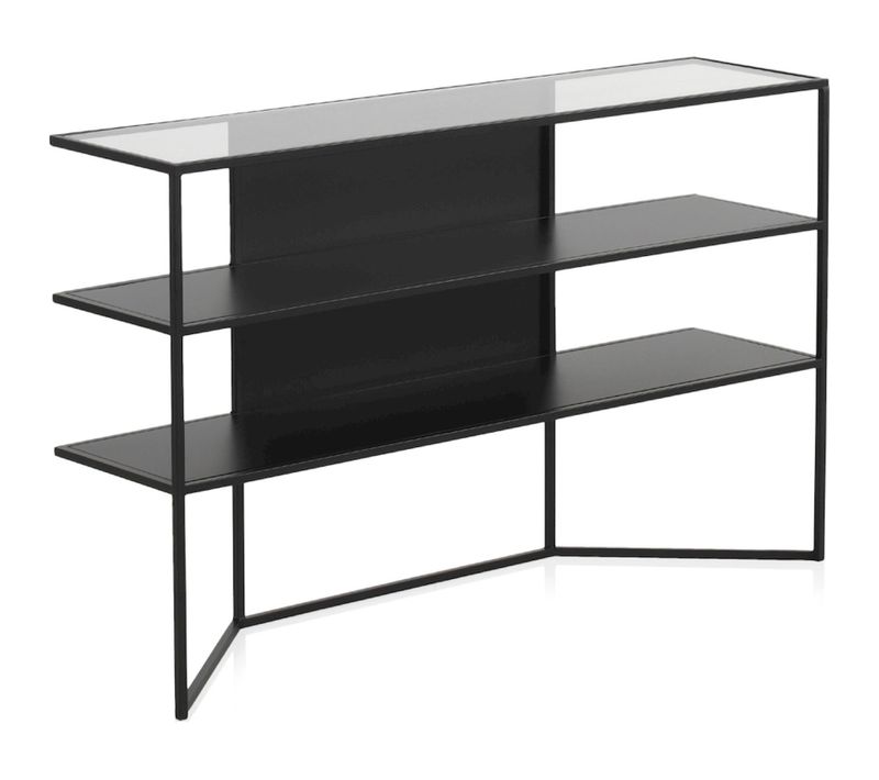 Console Métal Noir Avec Plateau En Verre Et étagères Design