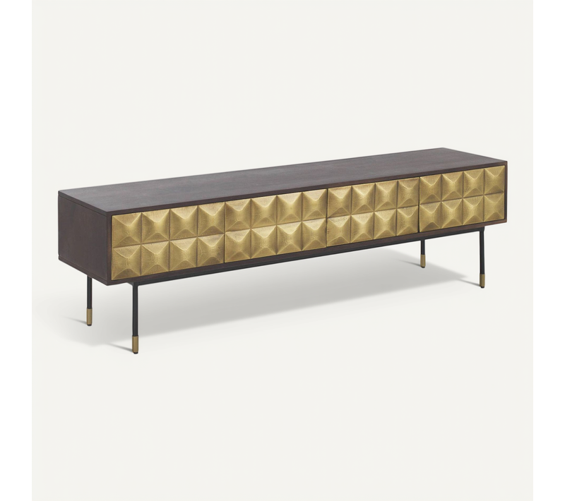 Meuble TV Bois De Manguier Et Laiton Doré Design Contemporain