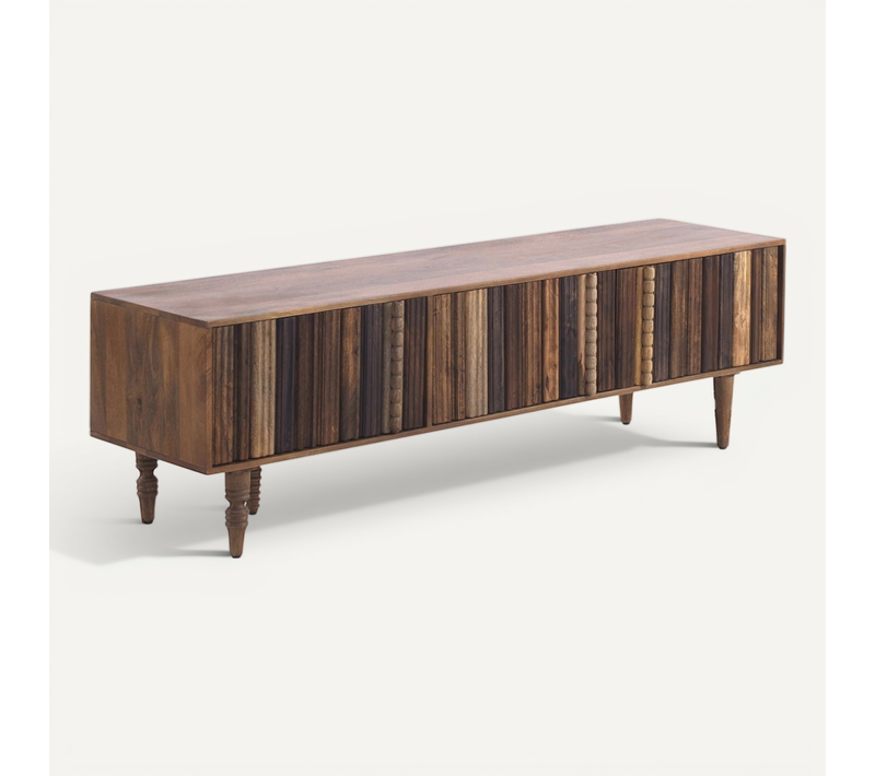 Meuble TV Bois D'acacia Naturel Portes Multicolores Push-push