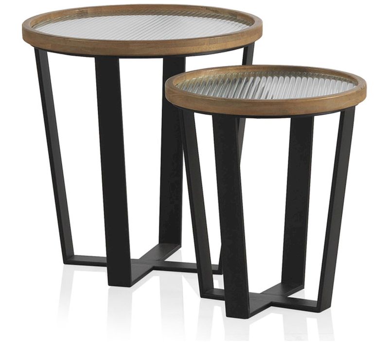 X2 Tables Basses Ronde En Bois Et Métal Avec Plateau En Verre Trempé