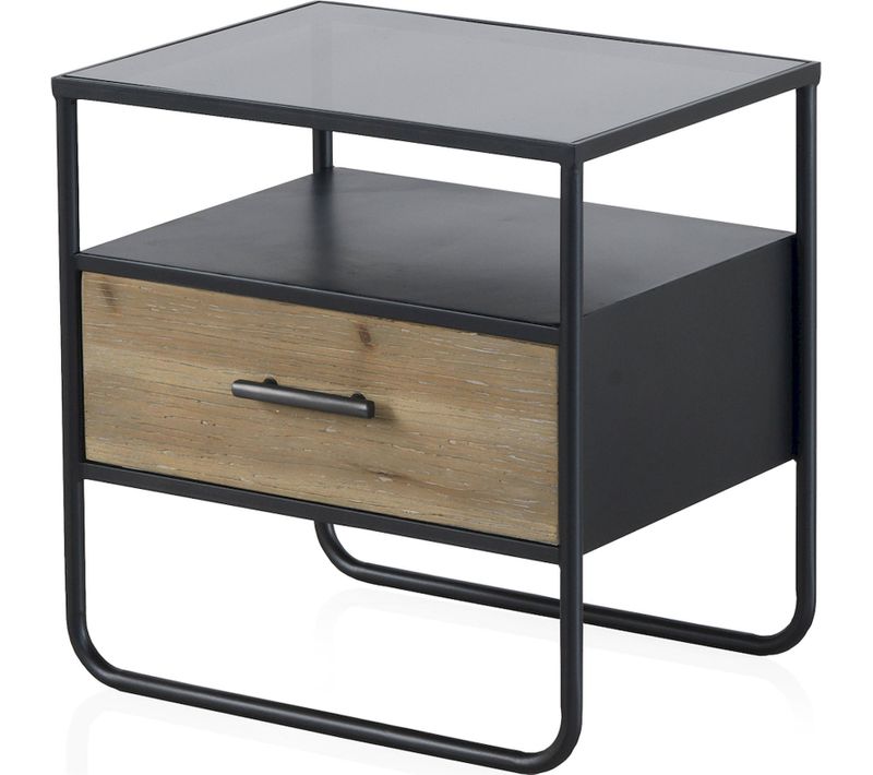 Table De Chevet Métal Et Bois Avec Tiroir Et Plateau Verre