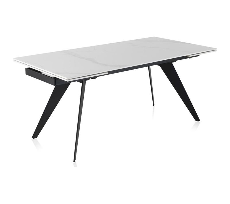 Table Extensible Blanche Céramique Imitation Marbre Pieds Métal Noir